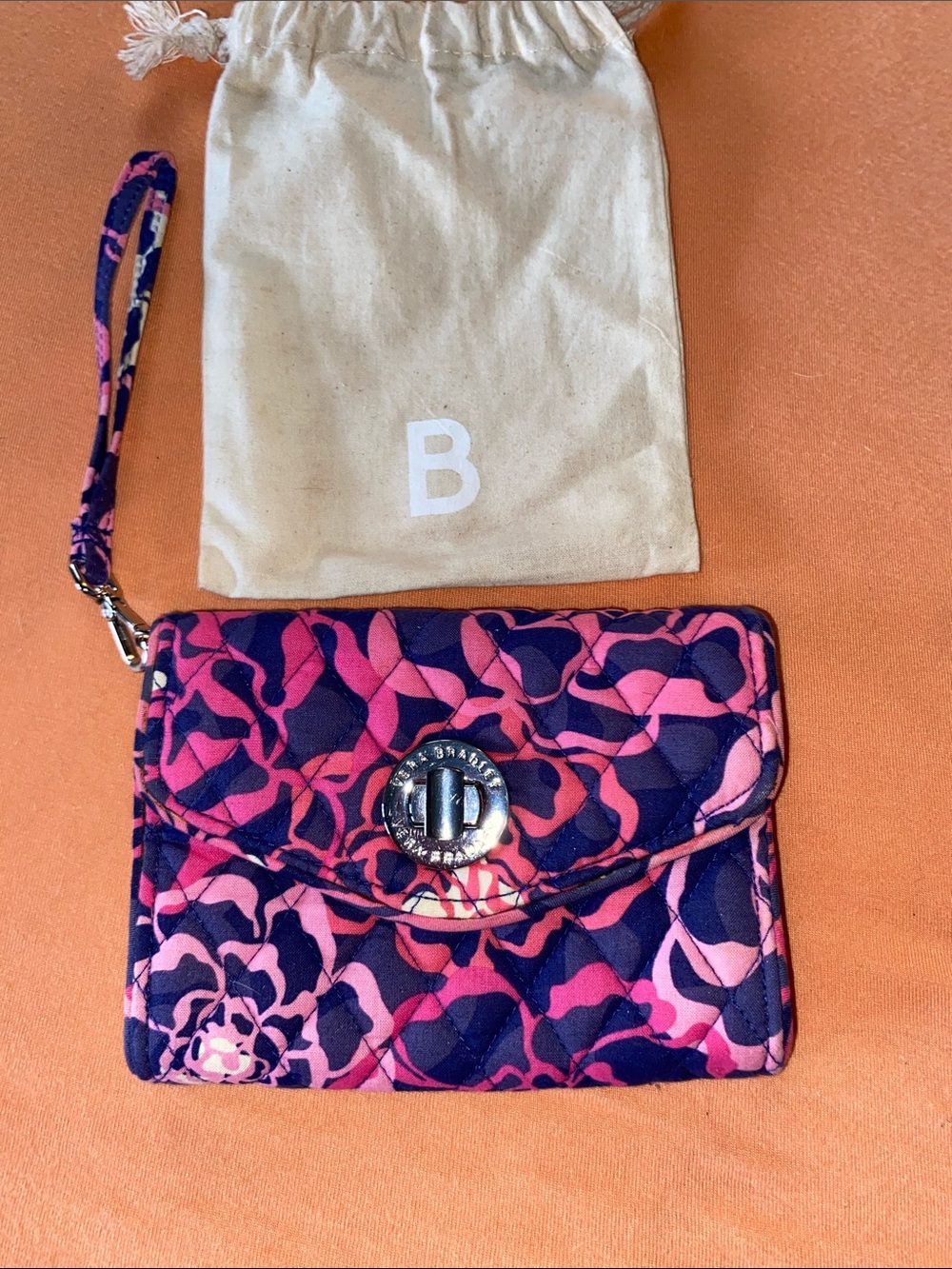 Vera Bradley Pink and Navy Floral Quilted Turn-Lock Wristlet
